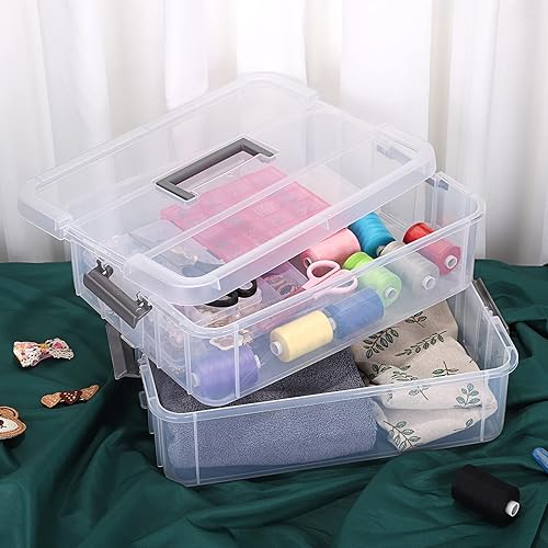 Miniatura 7 de JUXYES Caja de almacenamiento apilable de 2 niveles con asa contenedor de almacenamiento apilable transparente con tapa con asa contenedor de