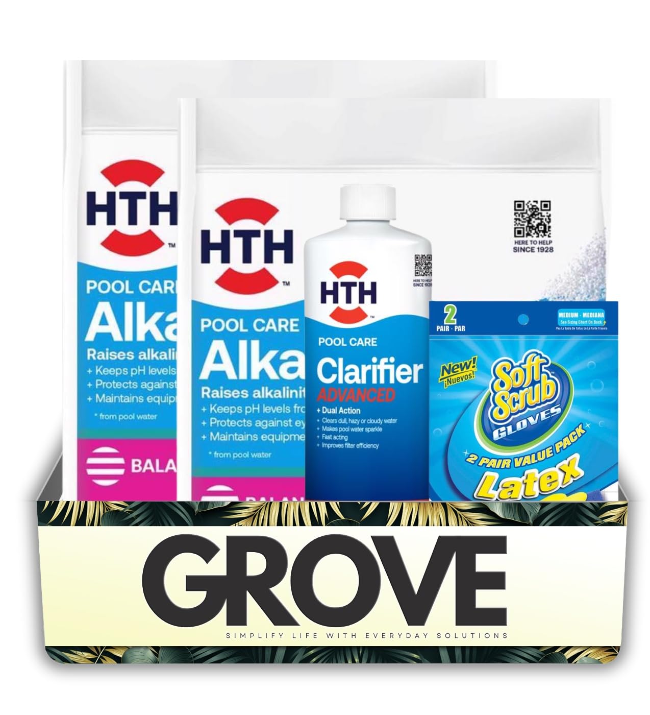 2x HTH Pool Care Granule Alkalinity Increaser for Swimming Pools 5lb Bundle with Liquid Clarifier 32oz & Cleaning Gloves – Balances Pool Water, Improves Clarity, Protects Equipment– Gift Set (4 Items)