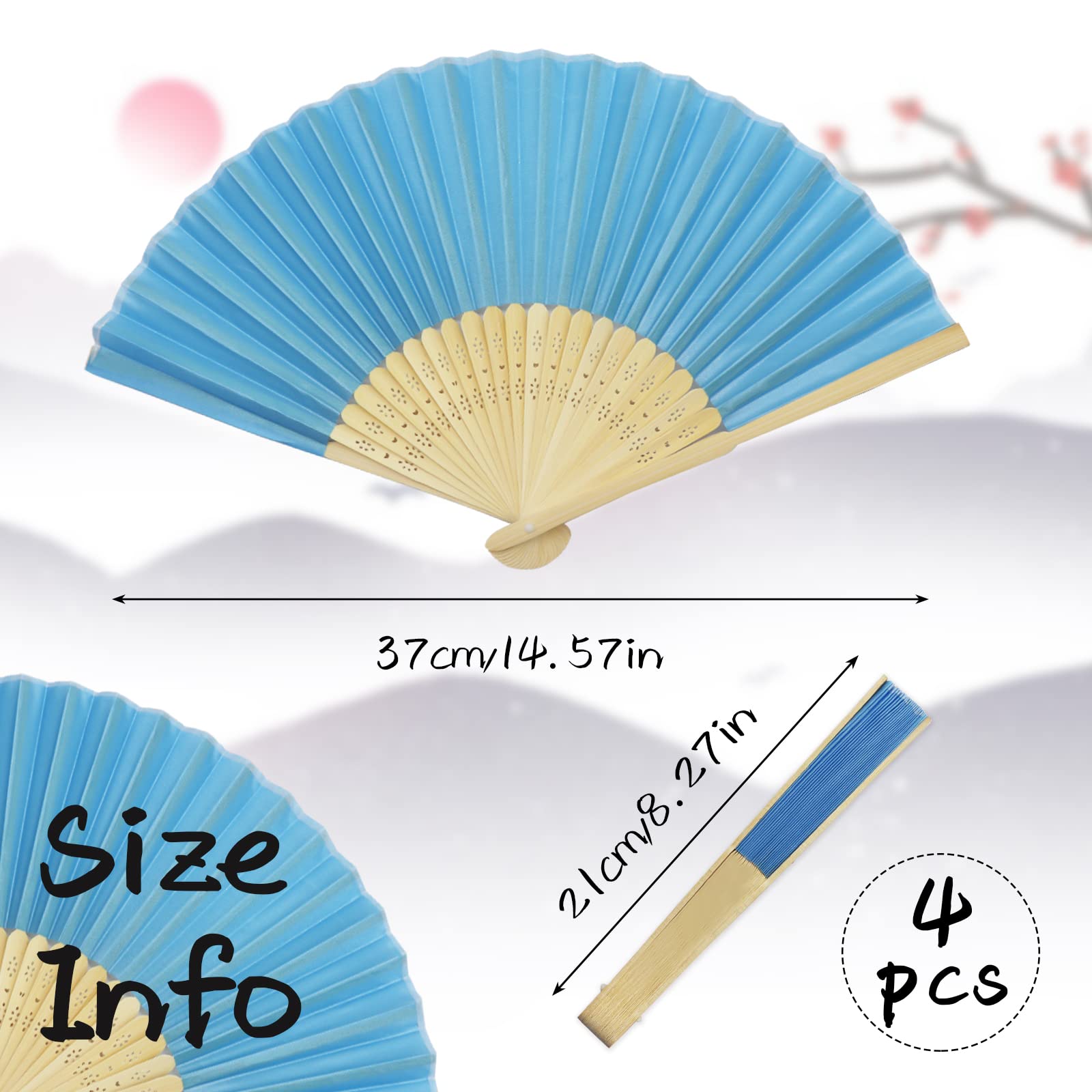 Grantop 4 Pcs Black Folding Hand Fan, Silk Fabric Bamboo Ribs Handheld Fan - Image 3