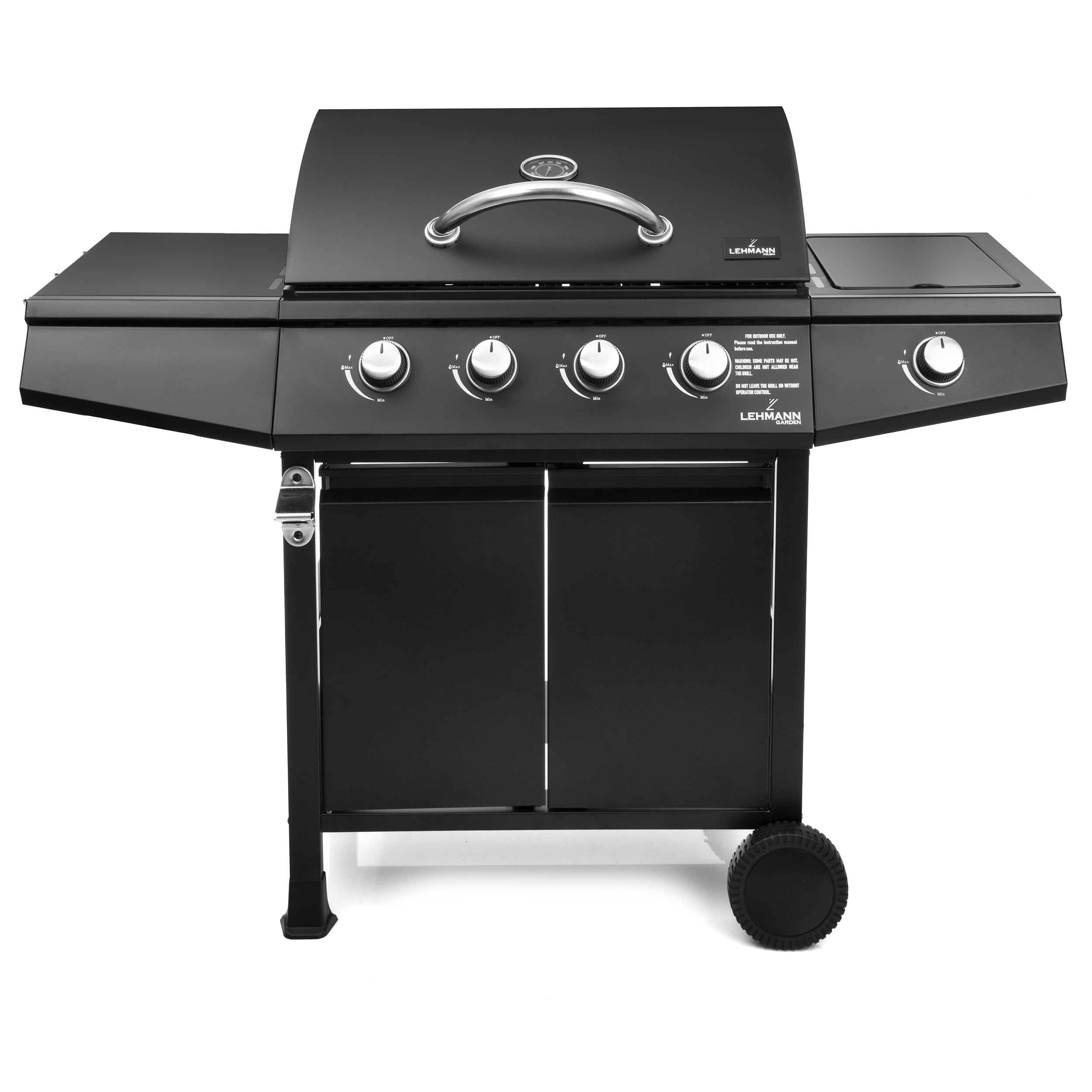Lehmann Grill gazowy Ohio Black, na kółkach, stal nierdzewna, czarny, 4 Palniki + Palnik Boczny, 9,3 kW, Żeliwny Ruszt 33 x 66 cm, z Termometrem i Szafką, Pokrowiec, reduktor i wąż