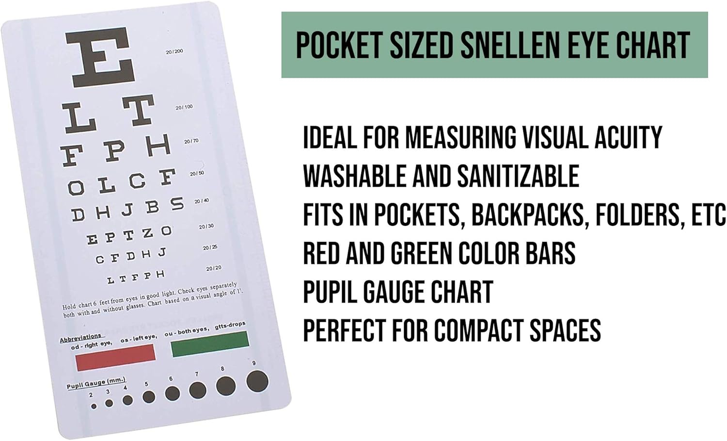 ASA Techmed Snellen Pocket Eye Chart Wall Chart for Visual Acuity with Red + Green Lines, Pupil Gauge (1) : Industrial & Scientific