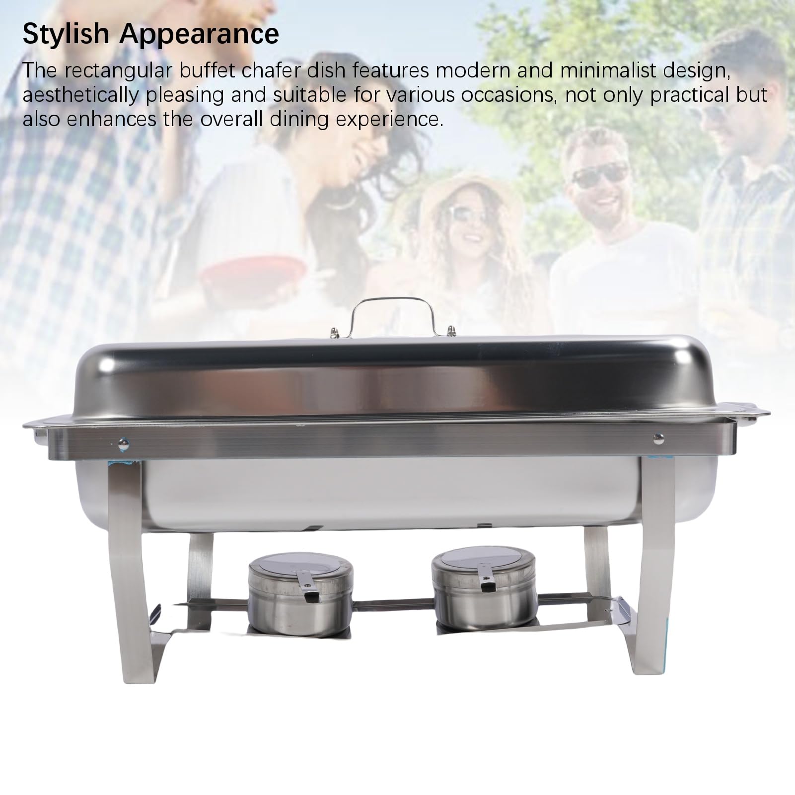 Brrnoo Juego de Calentador de Catering de Acero Inoxidable de 9 Cuartos, Plato de Buffet con Bandeja Completa Plegable y Soporte de para Fiestas, Bodas, Eventos Al Aire Libre (Cuadrícula doble)