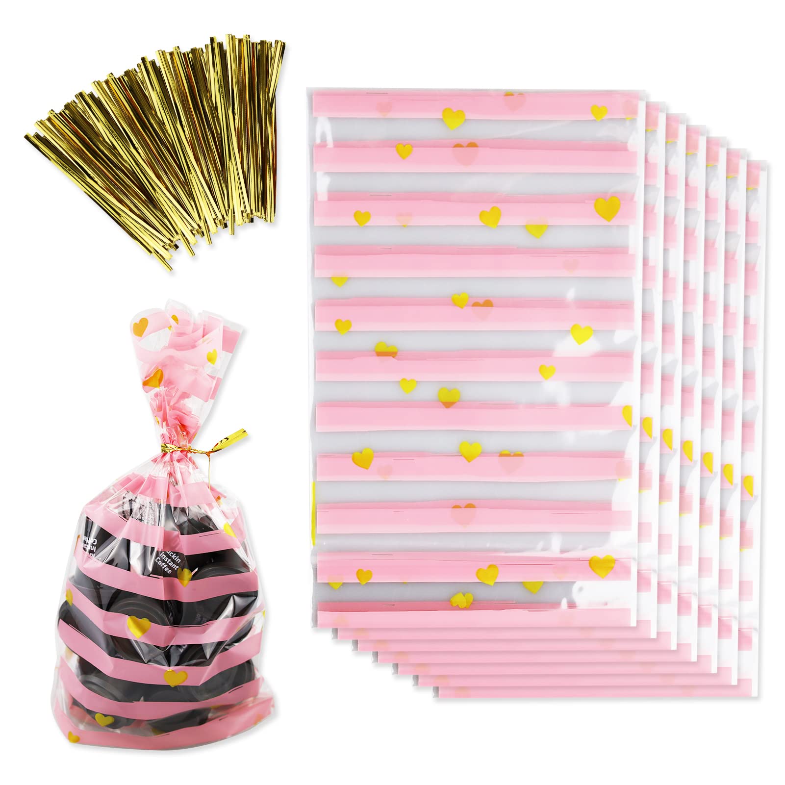 100 Pack Cellophane Bags, Pink Food Gift Bags with Resealable Twist Ties for Popcorn, Cookies, Dessert and Birthday Party Gift Wrapping