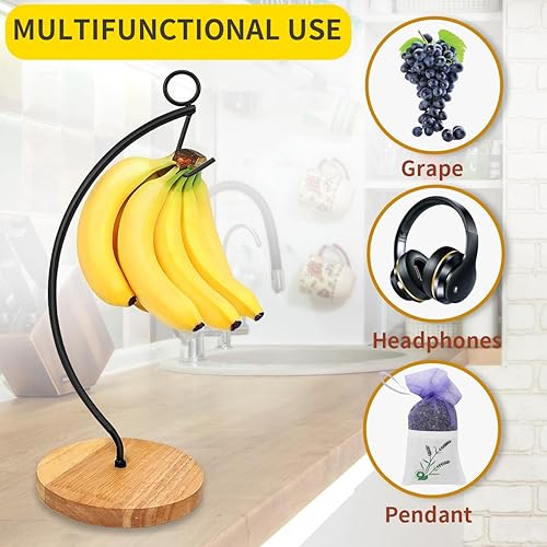 Miniatura 6 de Organizador de plátanos moderno con base de madera duradera, gancho de metal resistente para encimera de cocina del hogar, diseño simple y