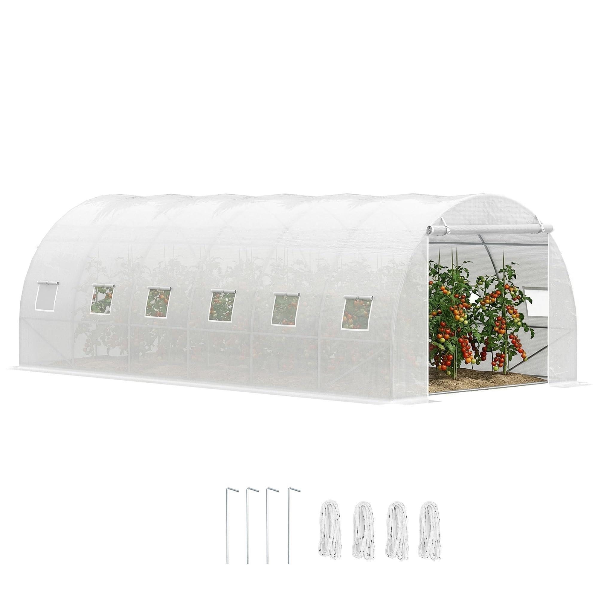 Outsunny Invernadero de Túnel 6x3x2 m Invernadero de Jardín con Puerta Enrollable 12 Ventanas Cubierta de PE 140 g/​m² y Metal Galvanizado para Cultivos Plantas Verduras Blanco
