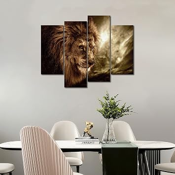 4 Panel Wall Art Brown Fierce Lion Against Stormy Sky Painting The Picture Print On Canvas Animal Pictures for Home Decor Decoration Gift Piece (Stretched by Wooden Frame,Ready to Hang)