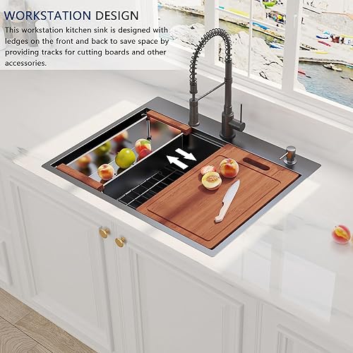 Miniatura 2 de Fregadero de cocina de 28 x 22 pulgadas, fregadero con estación de trabajo, fregadero de cocina de acero inoxidable de calibre 16 con repisa y