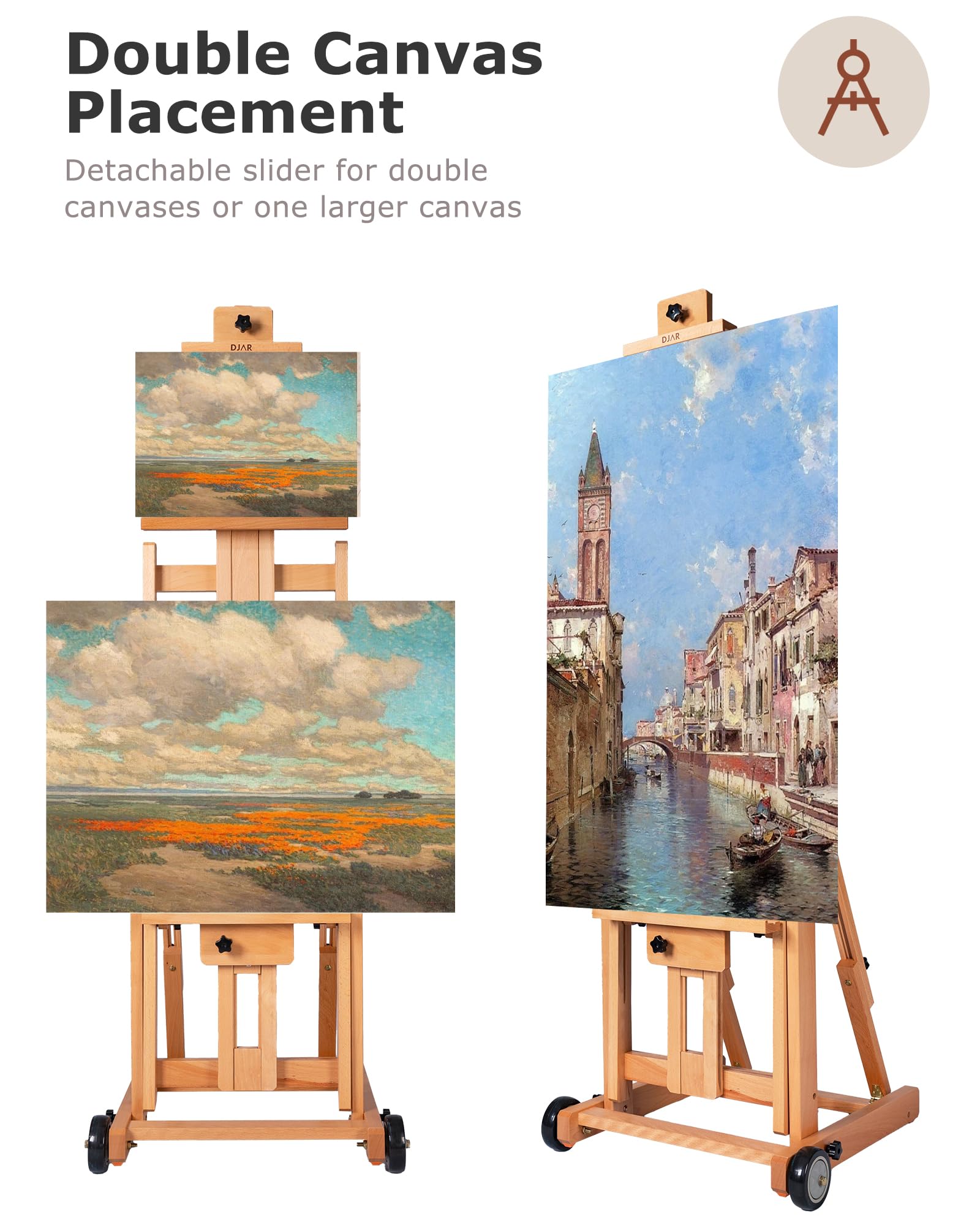 H-frame ezel voor canvasschilderijen tot 195 cm, beukenhouten kunstenaarsezel voor schilderen met vloerplank, dubbele canvaspositie, studio-ezel met draagvermogen van 10 kg, verstelbaar | NL