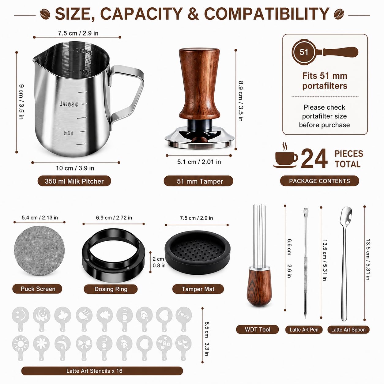 Set Barista 24 Pezzi, pressino per caffe 51 mm, accessori macchina caffe
