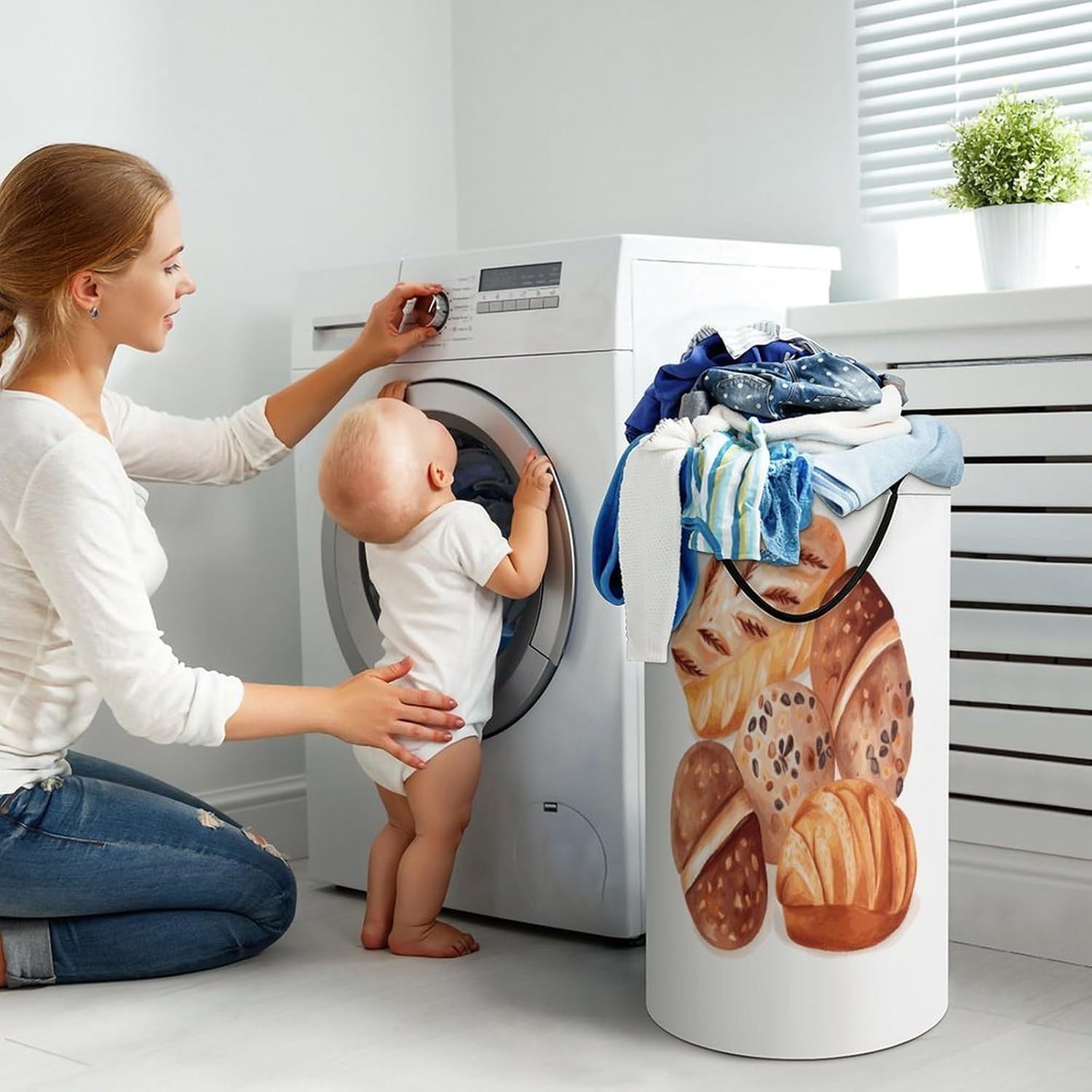 Painted Bread Large Capacity Laundry Baskets,Collapsible Clothes Hamper with Handles，Laundry Hampers for Bathroom,Bedroom,Towels