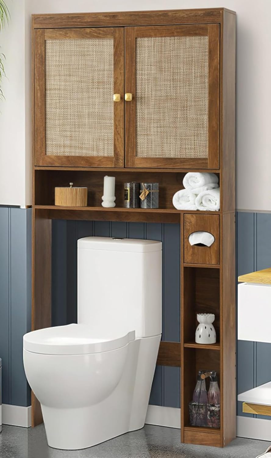 KIGOTY Over The Toilet Storage Cabinet, Bathroom Storage Organizer with 2 Doors, Toilet Rack with Adjustable Shelf,Freestanding Space-Saving Storage Rack for Toilet, Laundry Room,Brown