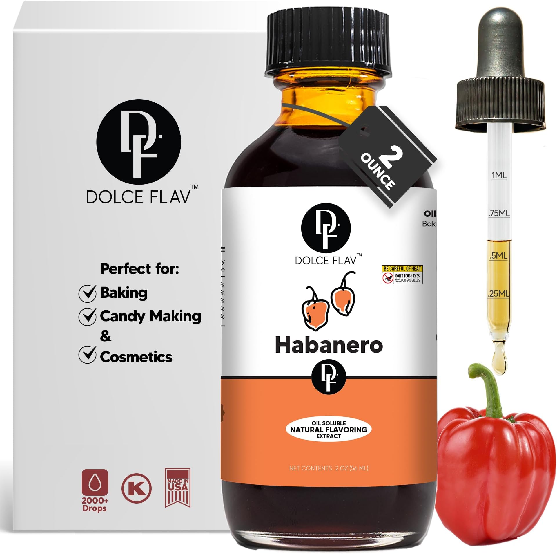 Dolce Flav Natural Habanero Extract – 2 Ounce Oil-SolubleKosher, Sugar-Free, Concentrated Spicy Habanero Flavoring for Savory Dishes, Sauces & Confections, Includes Measured Dropper