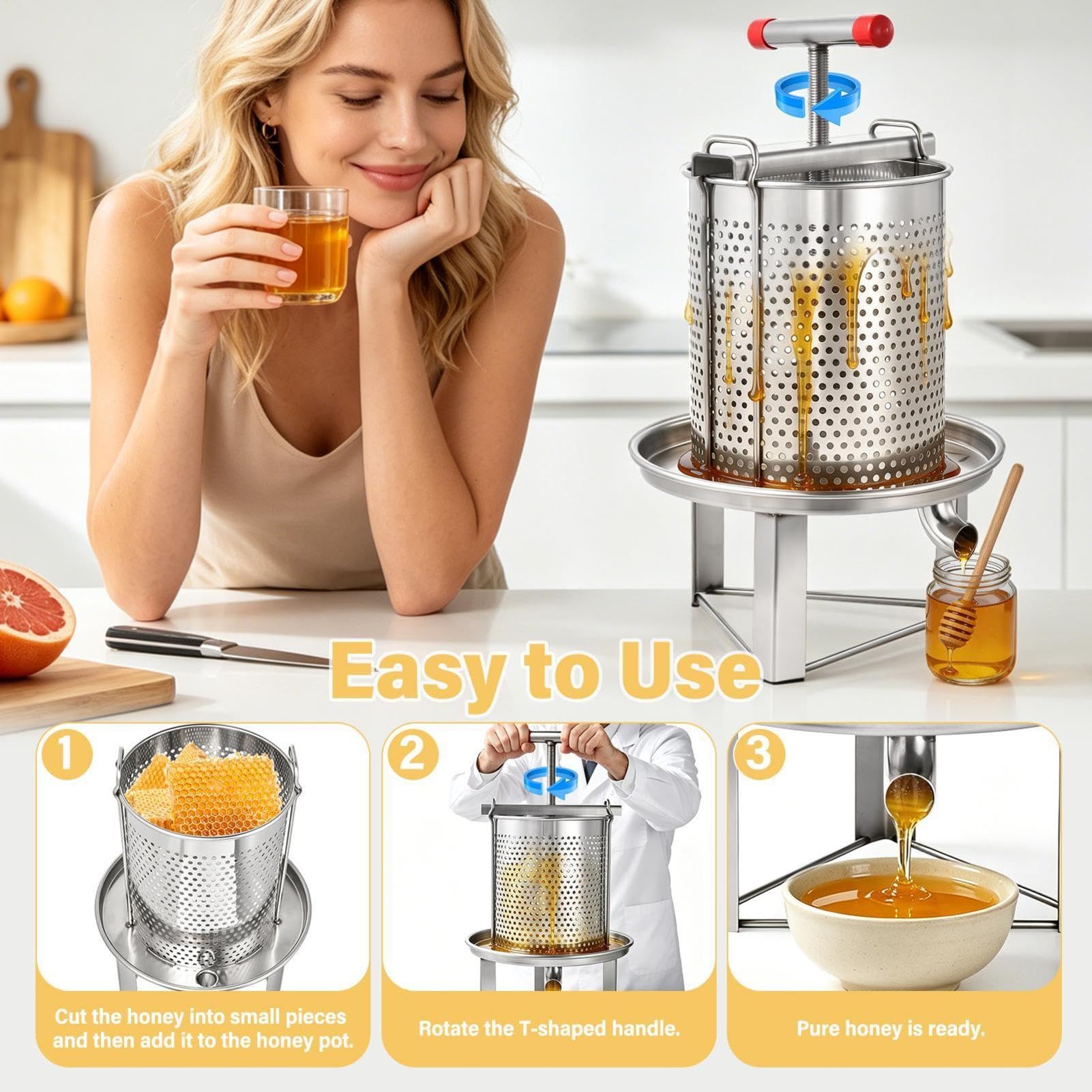 Extractor de Miel Manual 12L de Acero Inoxidable 201 Prensar