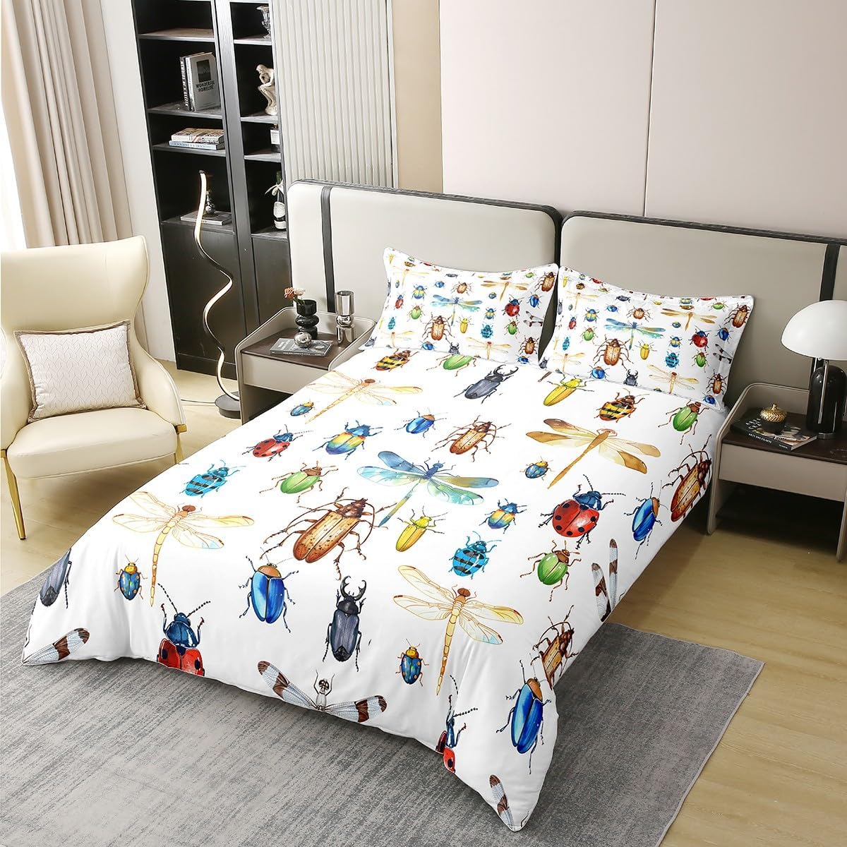 Erosebridal 100% Organic Cotton Kids Dragonfly Bedding Set, Ladybug Insect Comforter Cover Twin for Children Boys Girls Teens, Reptile Pattern Duvet Cover Colorful Bedding Dragonfly Gifts for Women