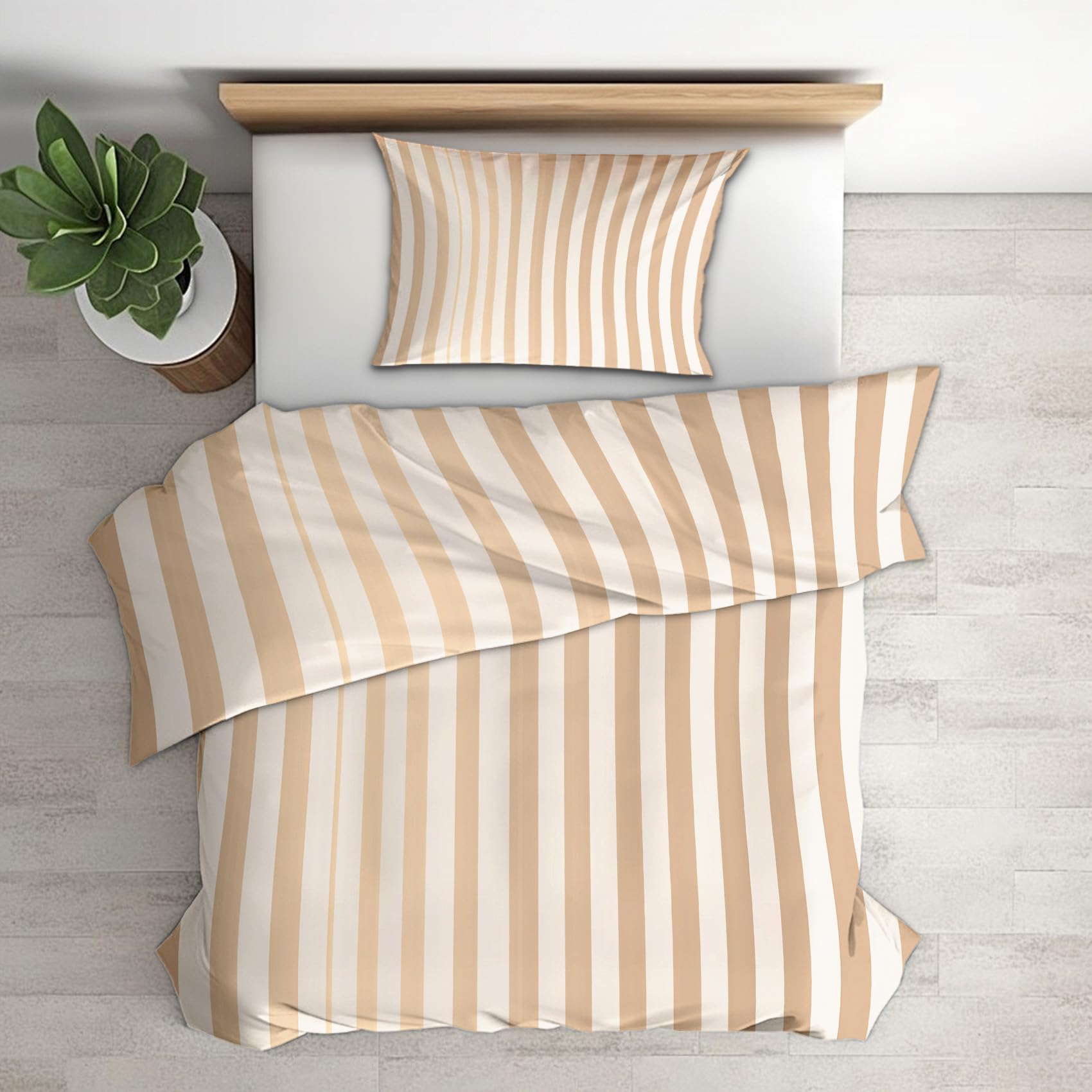 Générique Housse de Couette 220x240 Rayée Beige, Parure de Lit 2 Personnes Reversible Rayures Champêtre, Decoration Chambre, 2 Taies d'oreiller 65x65, Microfibre Doux, Zippée -k578