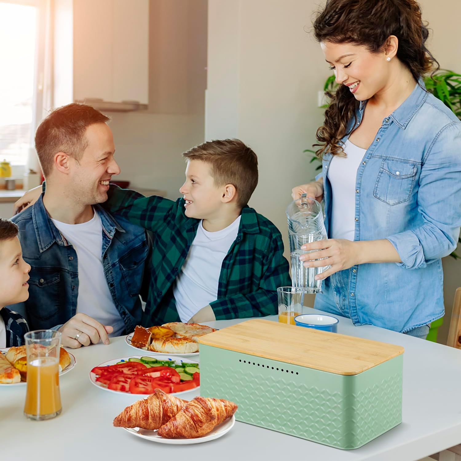 Phyllia Bread Box, Metal Bread Storage Container with Bamboo Lid Usable as Cutting Board, Breadbox Food Holder Bin for Kitchen Countertop Bakery Snack Utensils Organizer 13 x 7 x 5.3 inch (Green)
