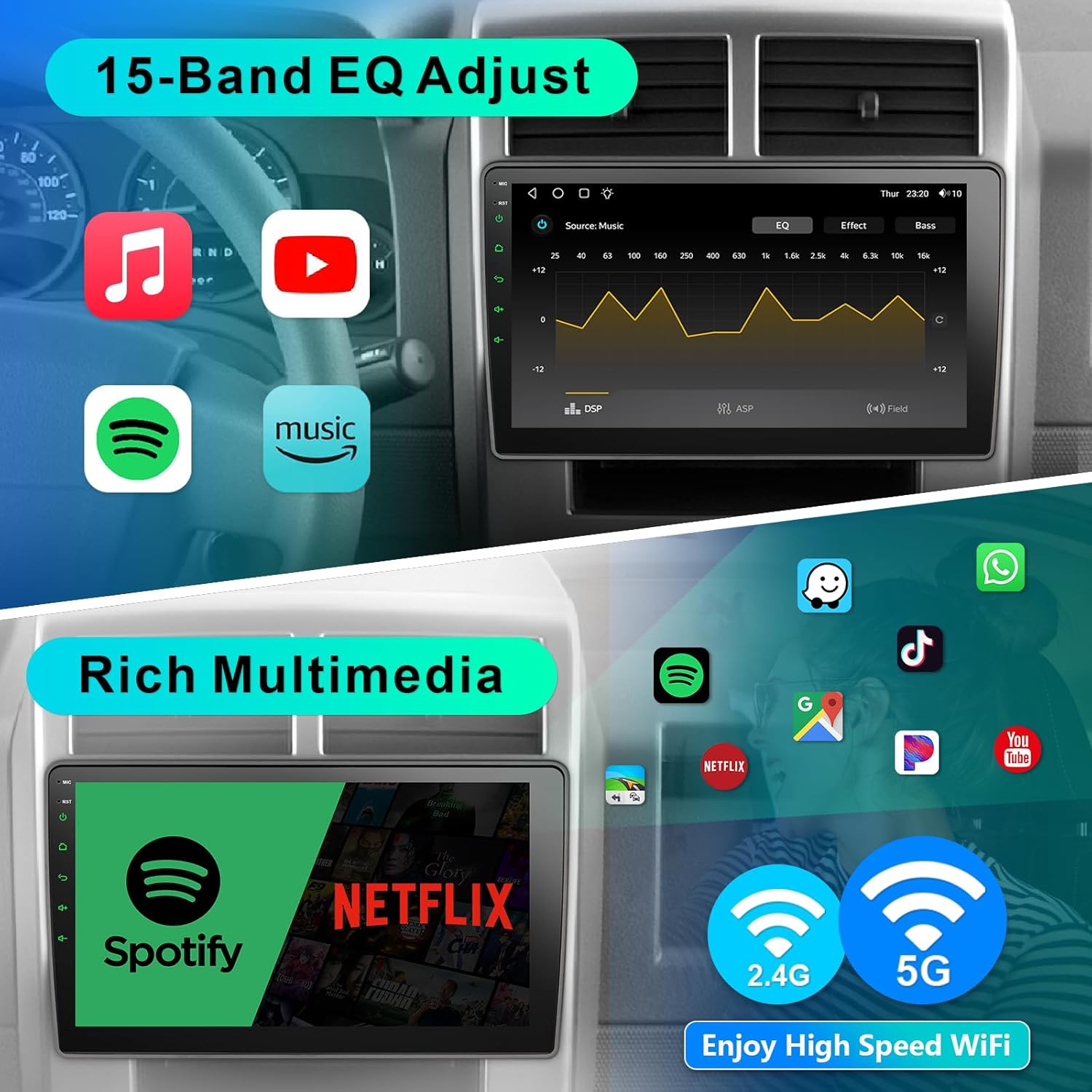 8 Core Car Radio for Jeep Wrangler JK Compass Grand Cherokee Dodge Ram Upgrade Stereo Wireless CarPlay Android Auto,10 '' Touchscreen Head Unit GPS WiFi AM/FM SWC