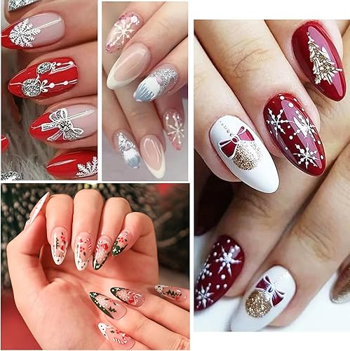 Miniatura 2 de Calcomanías de arte de uñas de Navidad, 4 hojas de calcomanías de uñas de copo de nieve en relieve 5D, copo de nieve colorido, campana, árbol de