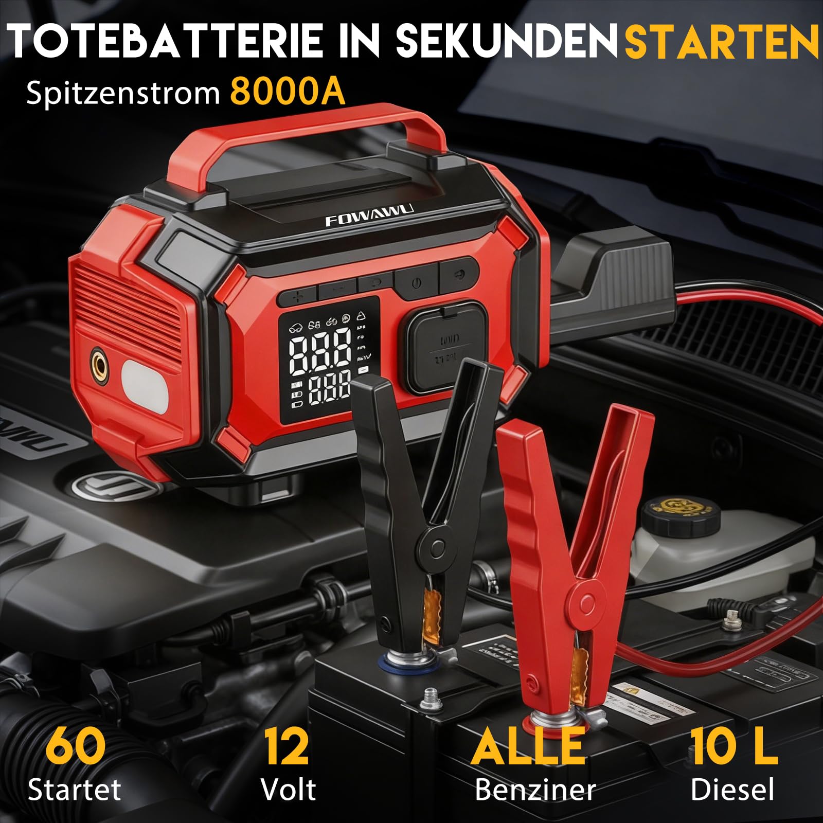 FOWAWU 8000A Starthilfe Powerbank mit Kompressor | 9-in-1 Auto Starthilfe für alle Benzin und 10L Diesel,150PSI Elektrische Luftpumpe mit Autostop Funktion,für Auto, Motorrad
