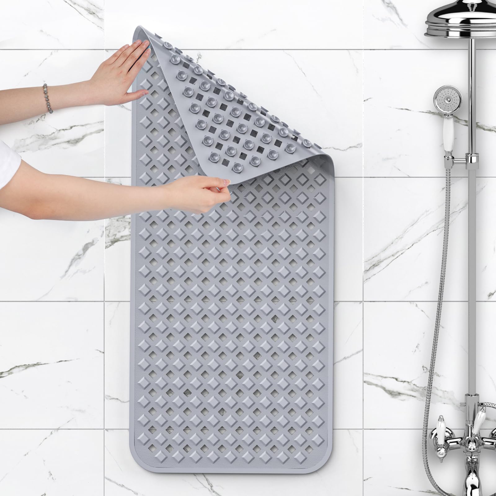 XIYUNTE - Tapis De Douche Antidérapant Anti-moisissure - 90 X 40 Cm - Gris Foncé - Avec 156 Ventouses Et Trous De Drainage