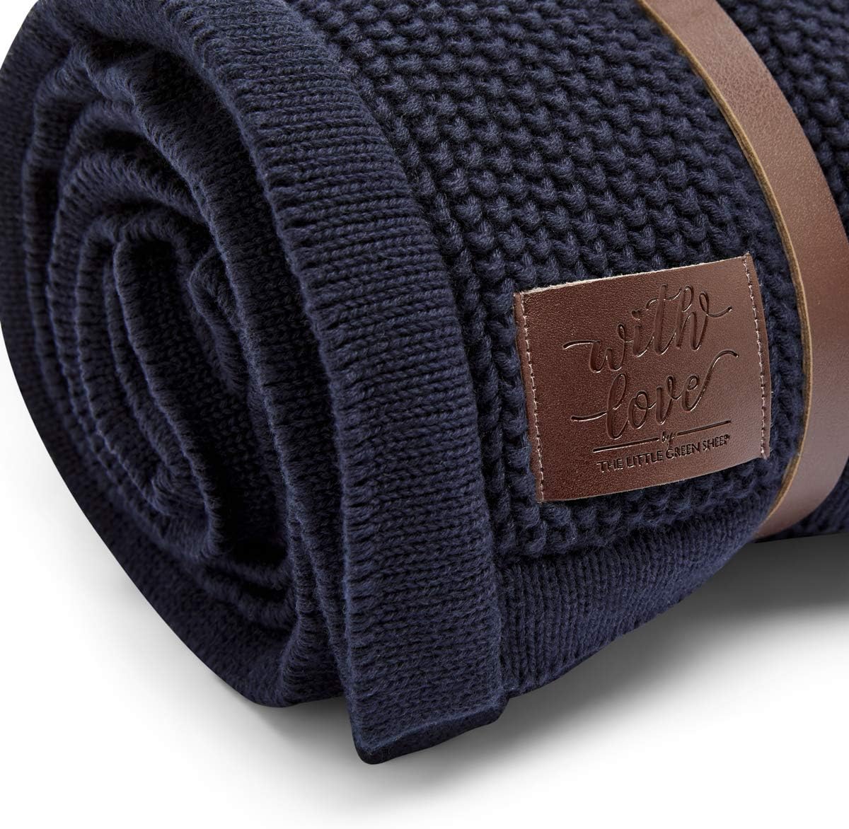 The Little Green Sheep Knitted Baby Blanket with Fleece Lining - Made with Organic Cotton - Midnight