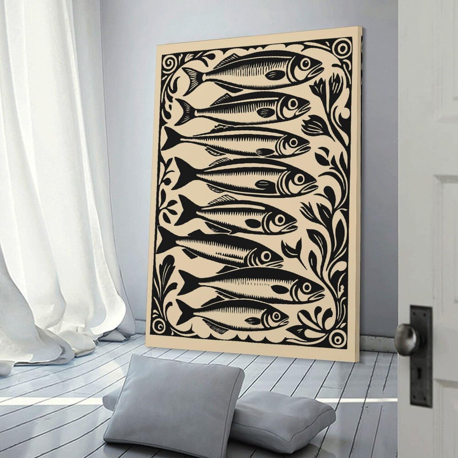Junmoney Fish Illustration with Floral Border Decorative Canvas Print 12x18inch(30x45cm), for Gallery Wall Layouts in Home Or Office, Home Wall Art for Statement Displays