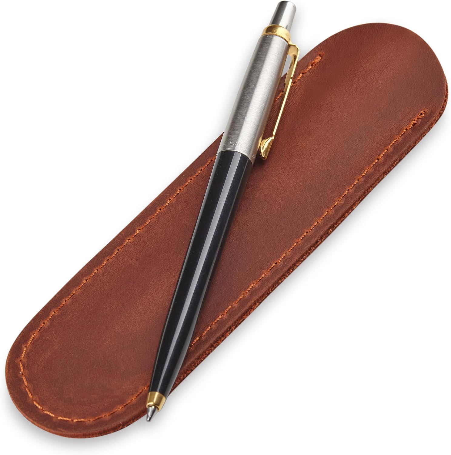 Leather Pen Case, Single Pen Pouch Cover, Fountain Pen Sleeve Holder (Cognac)