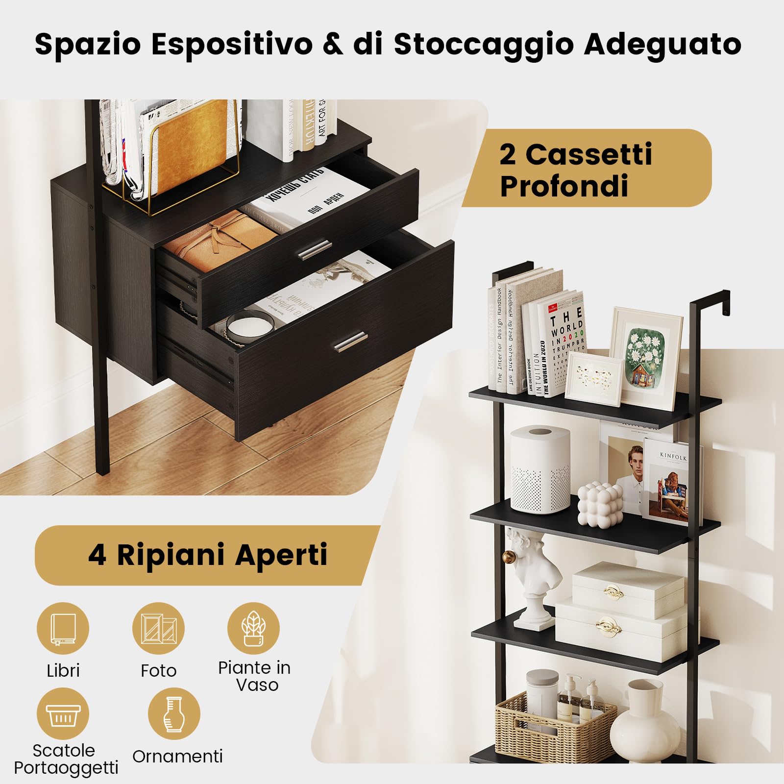 COSTWAY Libreria a Scala 184 cm, Scaffale da Parete a 6 Ripiani con 2 Cassetti e Struttura in Metallo, Ripiano Espositivo Aperto Moderno per Soggiorno Studio Ufficio, 60 x 30 x 184 cm (Nero)