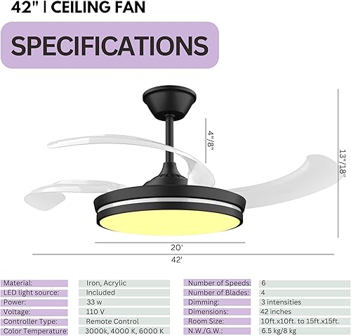Miniatura 2 de Ventilador de techo retráctil con luces, ventilador de techo retráctil de 42 pulgadas con luz LED y control remoto, motor silencioso de cuchillas