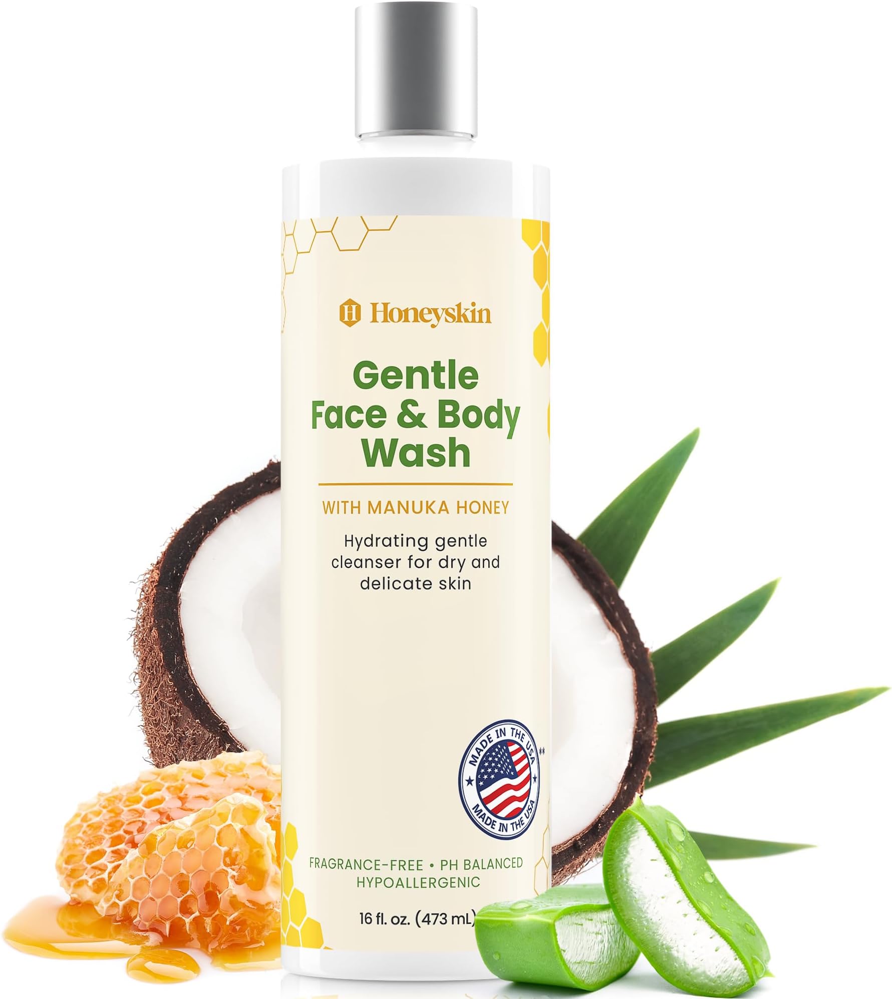 Face and Body Wash for Women and Men - Acne Body Wash Moisturizing for Sensitive Skin - Hydrating Facial Cleanser - Gentle Exfoliating Wash - with Manuka Honey (16oz)