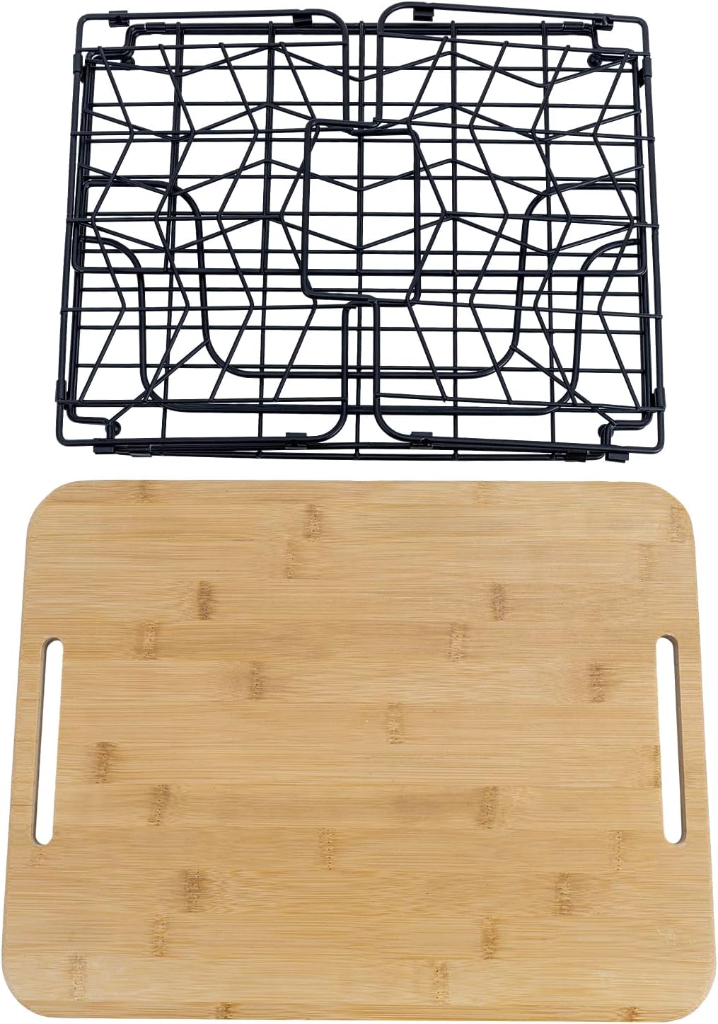MyGift Kitchen Storage Wire Basket, Foldable Matte Black Metal Fruit and Produce Basket with Bamboo Cutting Board Lid, Pantry Counter Organization - Image 7