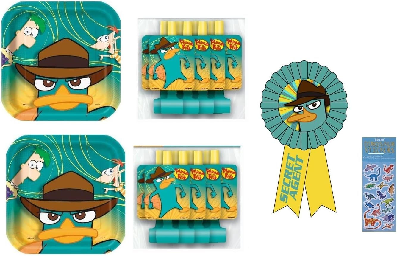 Phineas and Ferb Birthday Party Supplies Bundle includes 16 Paper Plates 9", 1 Award Ribbon, 16 Party Blowouts, 1 Dinosaur Sticker Sheet