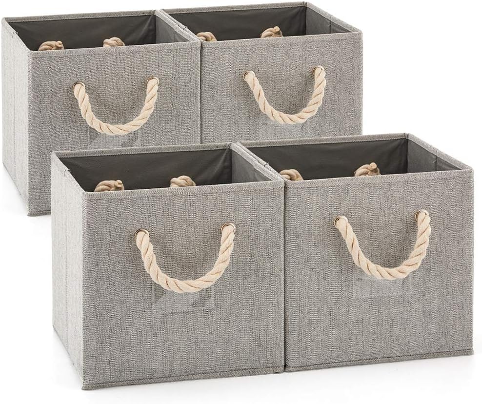 EZOWare Set of 4 Fabric Bamboo Fabric Storage Basket Bins with Cotton