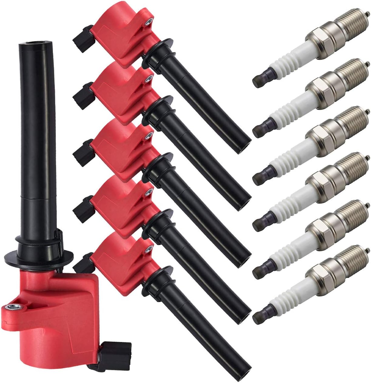ENA Set of 6 Red Ignition Coil Pack and Platinum Spark Plug 3.0 Compatible with Ford Mazda Mercury 2001 2002 2003 Taurus, 2001-2011 Tribute, 2001-2003 Sable V6 3.0L Replacement for FD502 DG500 SP432