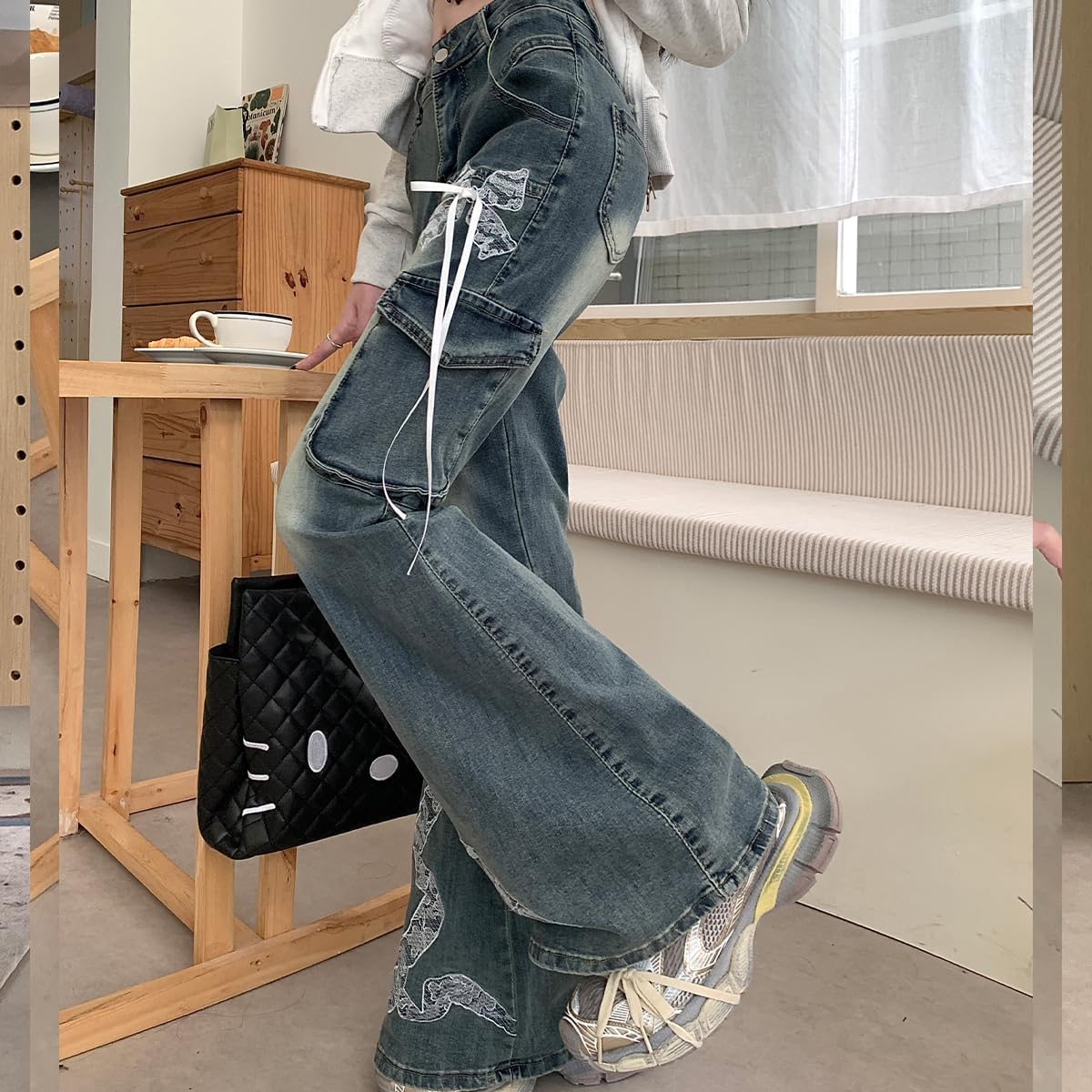 Fashion Y2K High Waisted Wide Leg Jeans Casual Vintage Lace Drawstring Patchwork Slim Flared Denim Pants