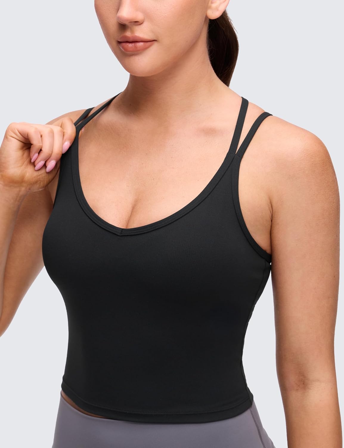 CRZ YOGA Butterluxe Cross Back Crop Tank Tops for Women - V Neck Padded Spaghetti Straps Yoga Strappy Longline Sports Bras