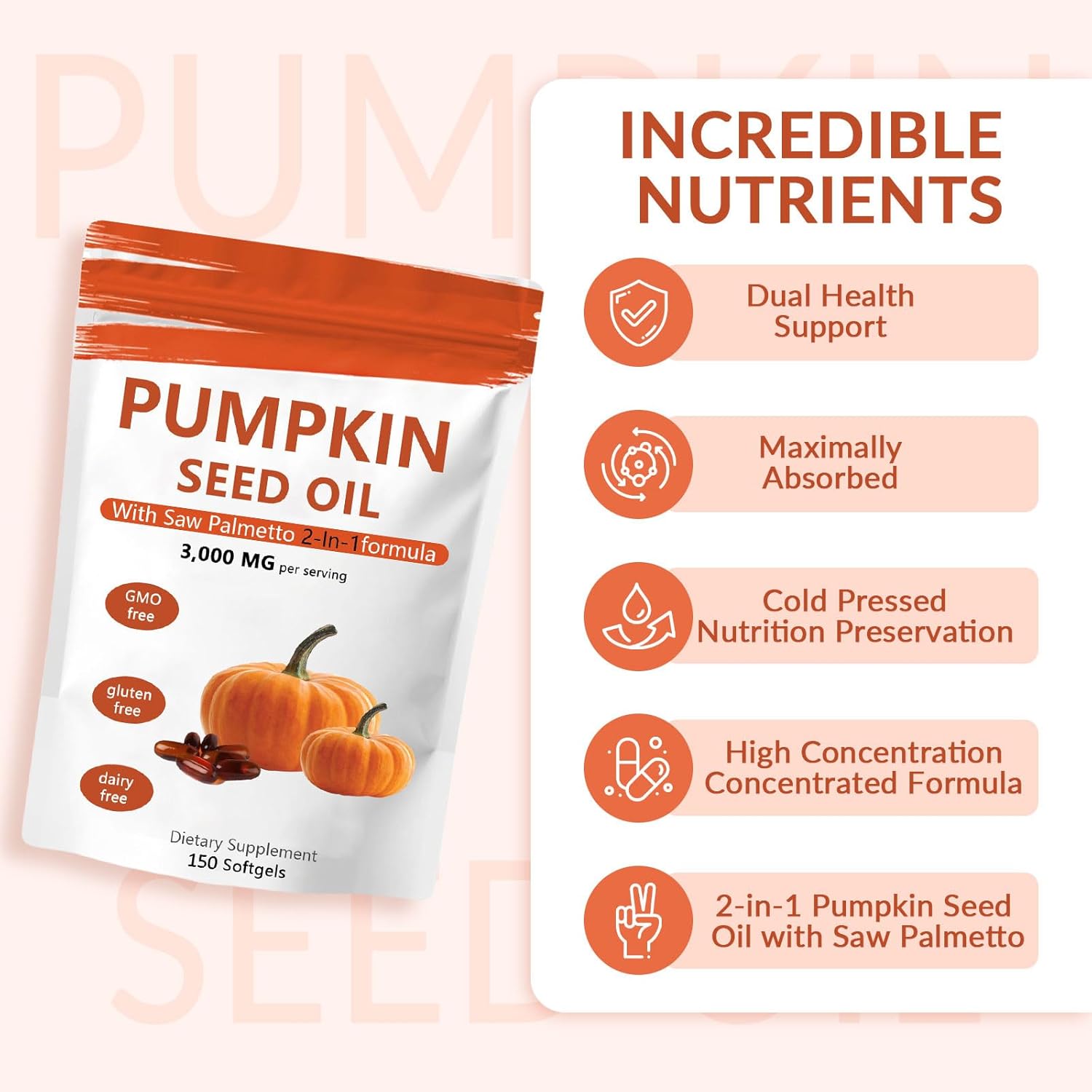 Pumpkin Seed Oil Capsules, 2 in 1 Pumpkin Seed Oil with Saw Palmetto for Hair Growth, 3000mg Per Serving, Cold Pressed, Supports Hair, Heart, Skin Supplement | Non-GMO | 150 Softgels | Only 1 Bag