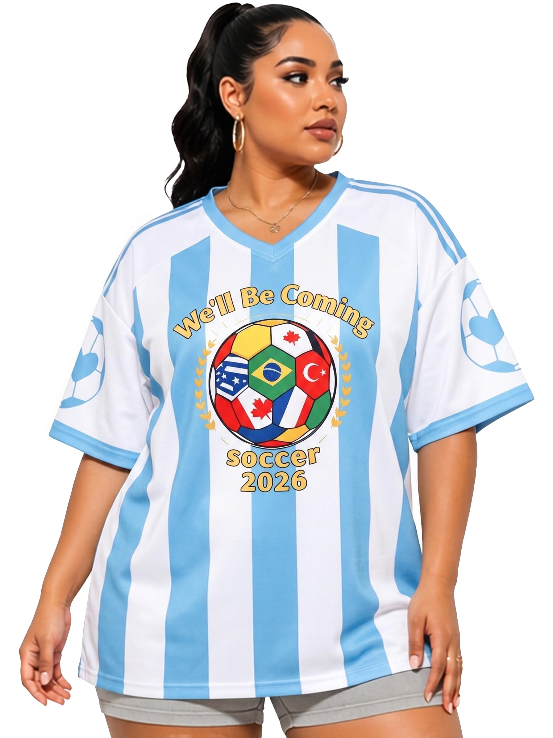 Plus Size Women Soccer Jersey Oversized Soccer Fan Mom T-Shirt USA Canada Mexico Brazil Argentina Y2k V Neck Tee Top