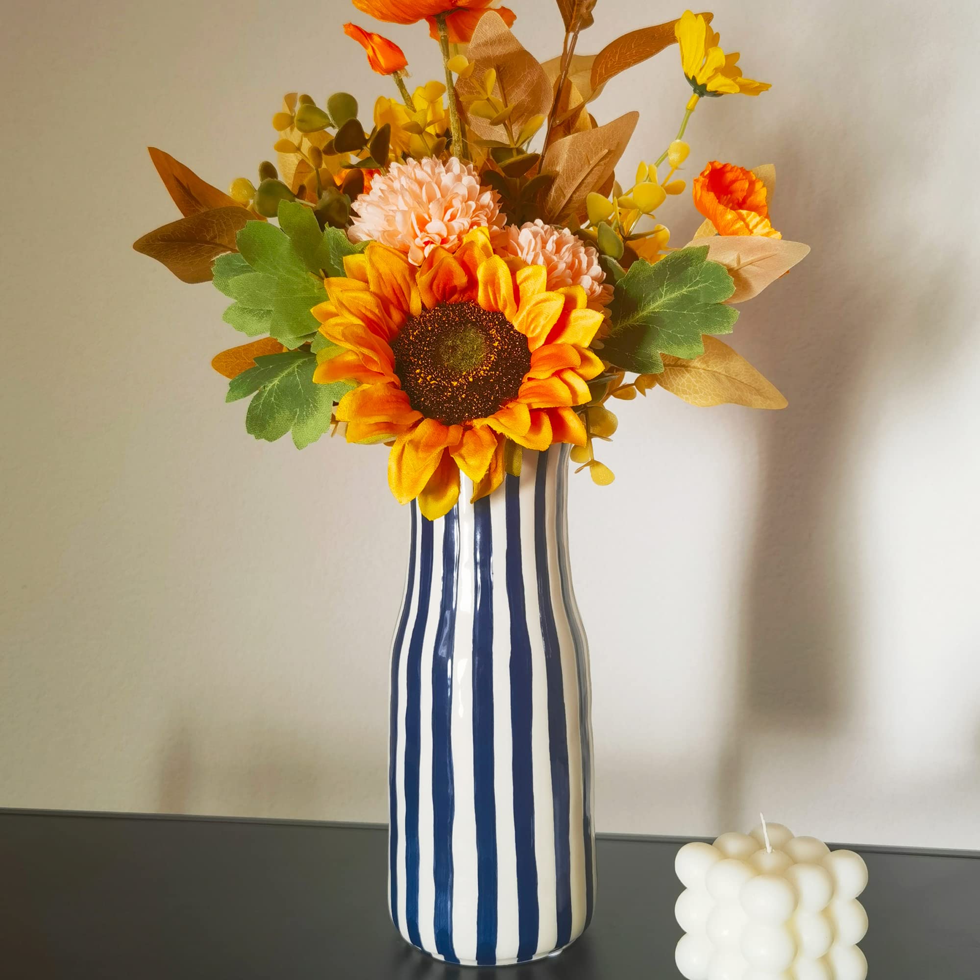 Tenforie Ceramic Flower Vase, Blue and White Decorative Vase for Home Decor, Pampas Grass Vase for Wedding Centerpieces/Arrangements, Bottom Waterproof