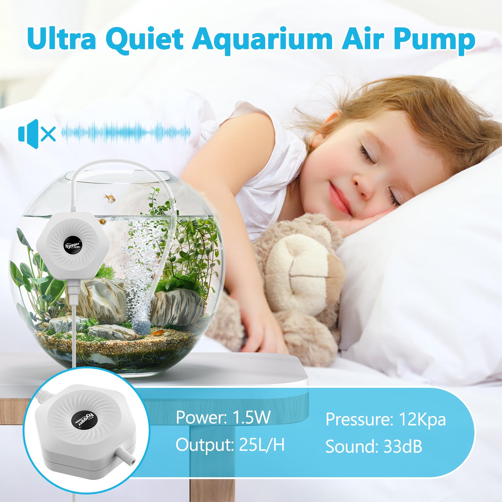 Ultra cicha mini pompa powietrzna 1,5 W Aqaurium z akcesoriami, zestaw napowietrzacza tlenu do akwarium 0,5-15 l, w zestawie z rurką powietrzną 3/16 cala, kamień powietrzny, AC 110 V/60 Hz