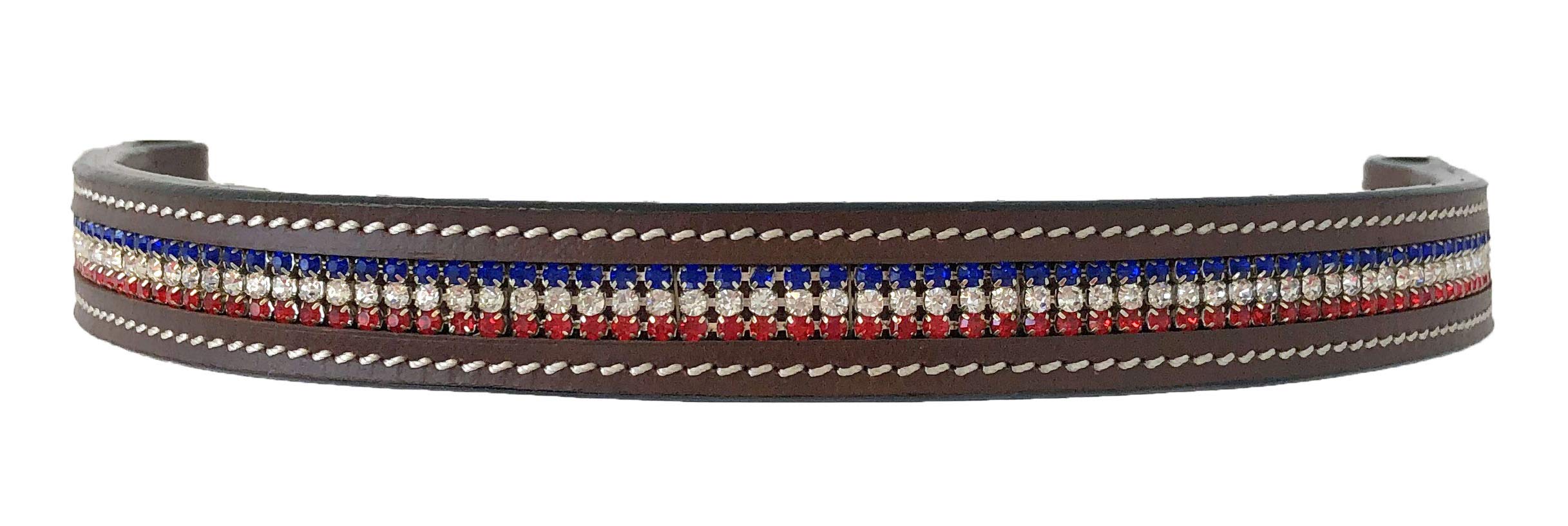 Equitem Leather English Bridle Browband with Red White and Blue Crystals (Dark Brown, Pony 14