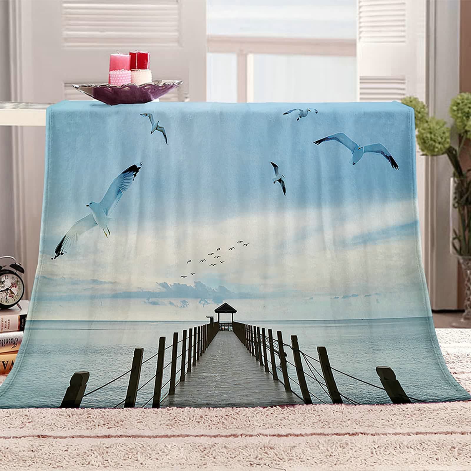 Aeici Koc polarowy, wełniany koc flanelowy 160 x 200 cm promenada nad morzem mewy koc na sofę do salonu łóżko