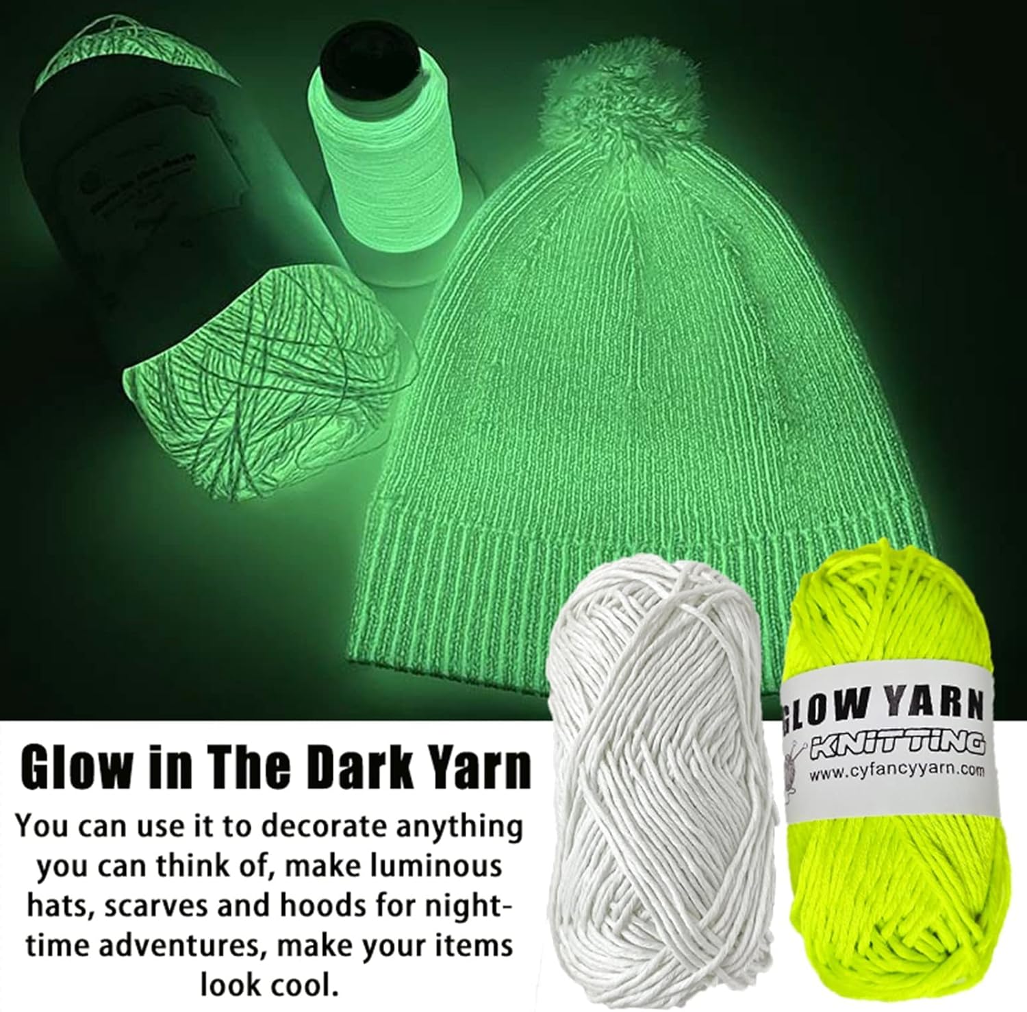 Glow in The Dark Yarn, Glow in The Dark Yarn for Crochet, Glow Yarn for Knitting, Crocheting, Crafts Sewing Beginners (White,2 pcs)