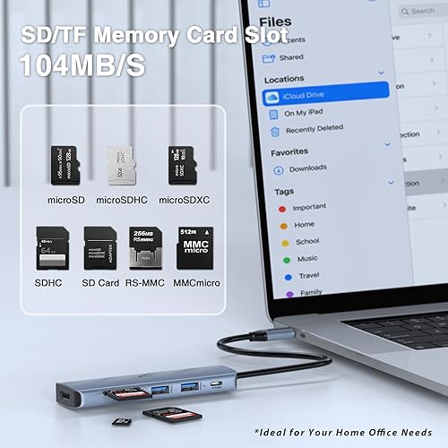 Miniatura 3 de Tymyp Hub USB C, adaptador multifunción 6 en 1, HDMI 4K, entrega de energía de 100 W, 3 USB 3.0, lector de tarjetas SDTF para portátiles y
