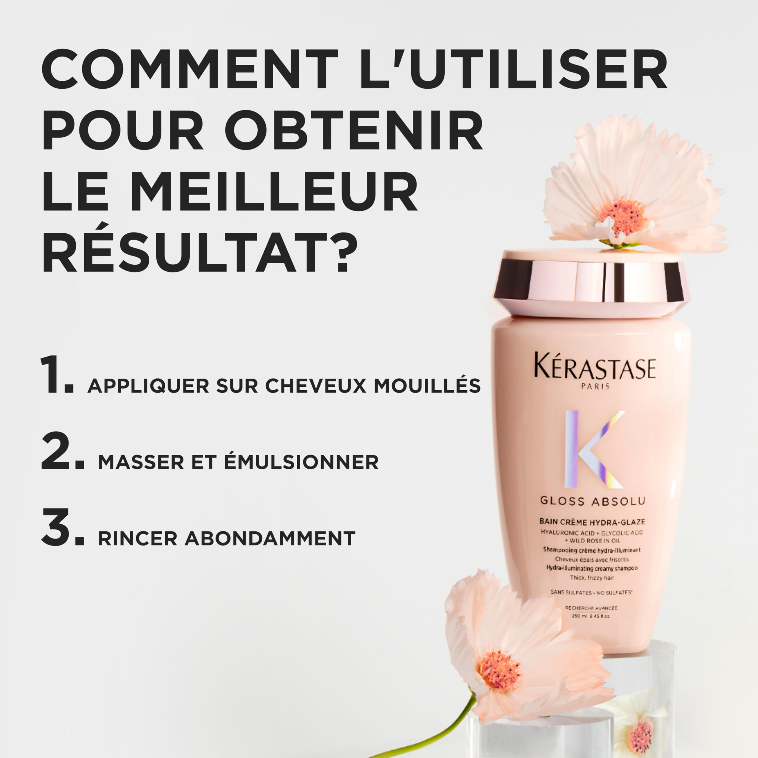 KÉRASTASE Gloss Absolu - Bain Hydra-Glaze - Shampoing Crème Hydra-Illuminant et Anti-Frisottis - Acide Hyaluronique, Glycolique et Huile de Rose - Cheveux Épais Sujets aux Frisottis