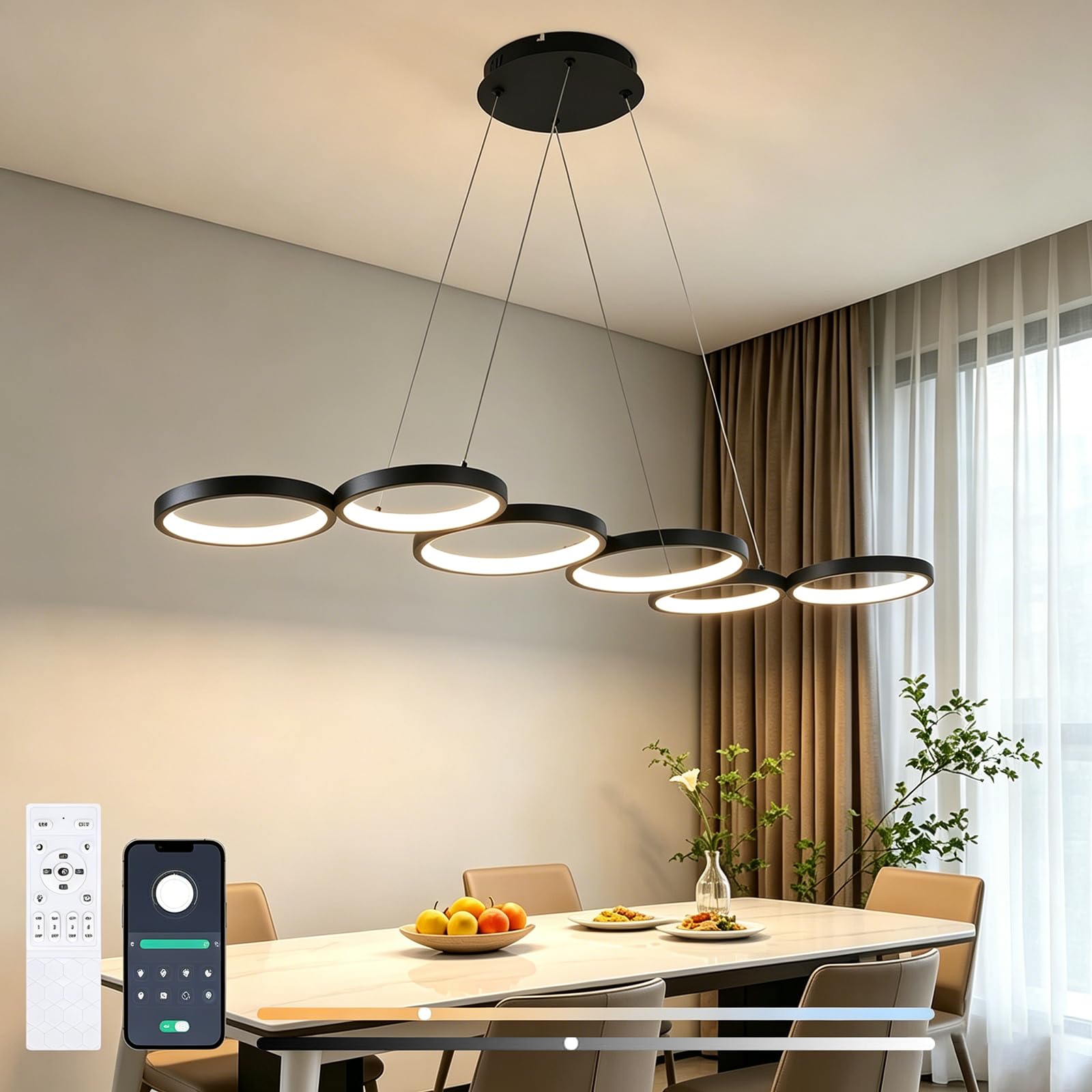 Lampada a Sospensione LED Dimmerabile 113cm 69W Nero | Lampadario Moderno Design a 6 Anelli con Telecomando, Altezza Regolabile Lampada Sospesa per Tavolo da Pranzo, Soggiorno