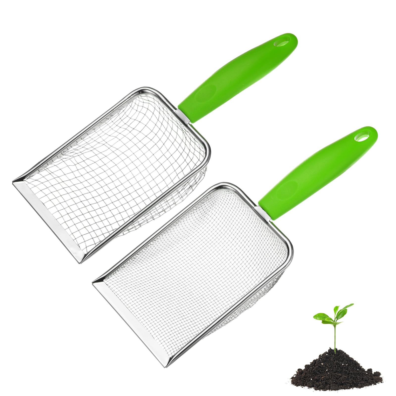 M METERXITY 2-Pack Gardening Soil Sifter, 5, 2 mm Mesh Stainless Steel Portable Gardening Sifter with Plastic Handle for Sand/Dirt/Rock Compost [White, Green]