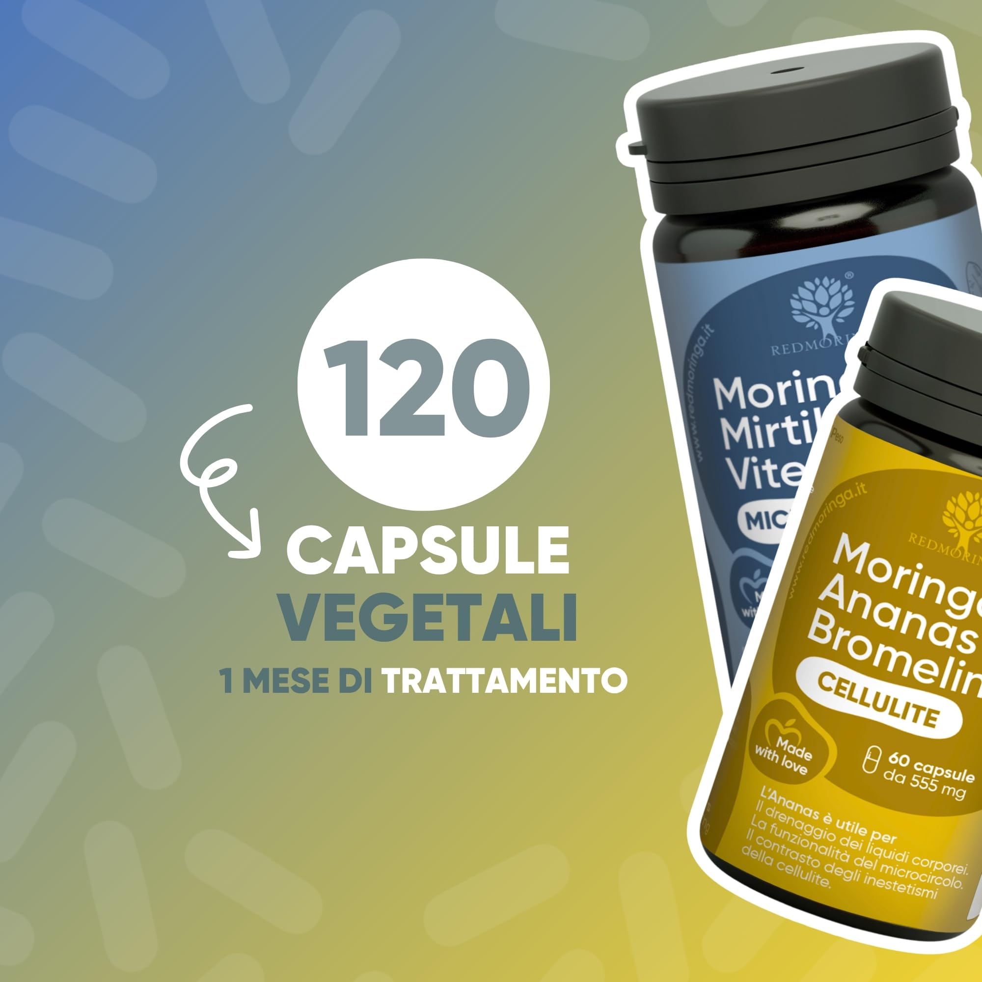 Trattamento Anticellulite Drenante - Bundle Integratore Ananas Moringa e Bromelina 5000 GDU & Integratore Mirtillo Nero e Moringa (120 Caps. Cellulite + Microcircolo) - RedMoringa