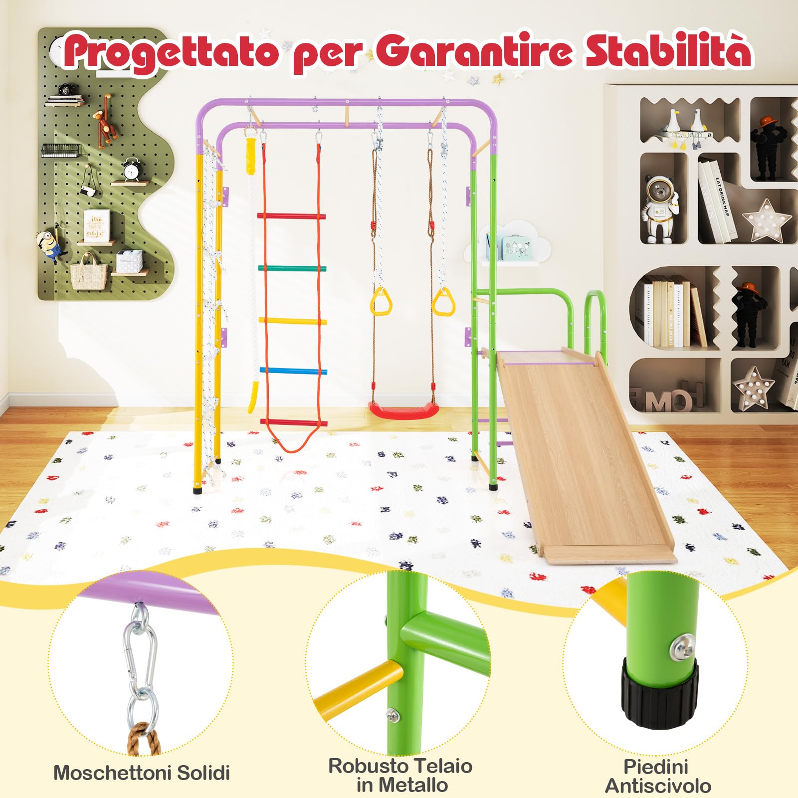 COSTWAY 8 in 1 Set da Arrampicata per Bambini, Set Giocattoli Scivolo con Barre Scala Corda Anelli Ginnici e Altalena, Parco Giochi per Bambini 3 Anni +, Carico 100 kg
