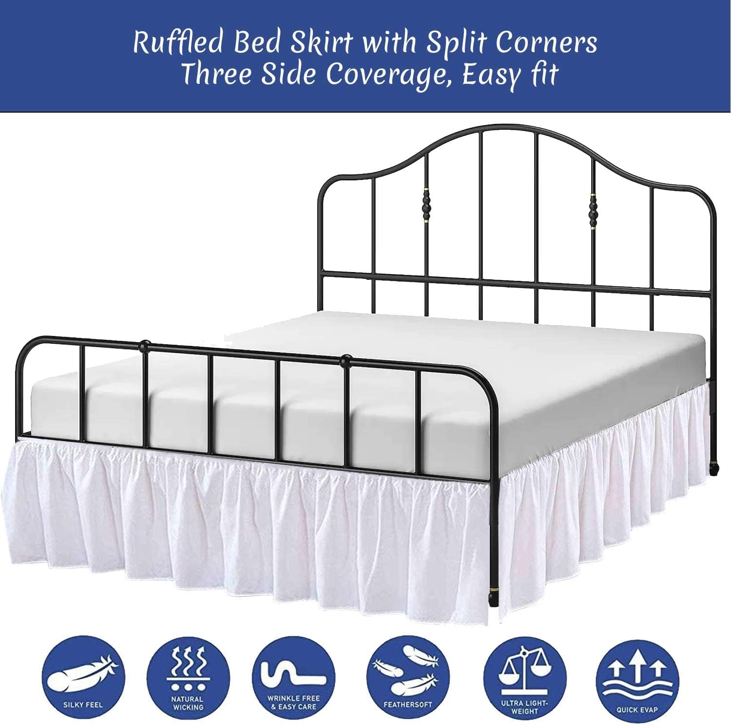 Ruffled Bed Skirt with Split Corners,Queen Dust Ruffle 12 inch Drop, 100% Microfiber Bedskirt with Platform Three Sided Coverage Ruffled Gathering Bed Skirts for Queen Beds,White
